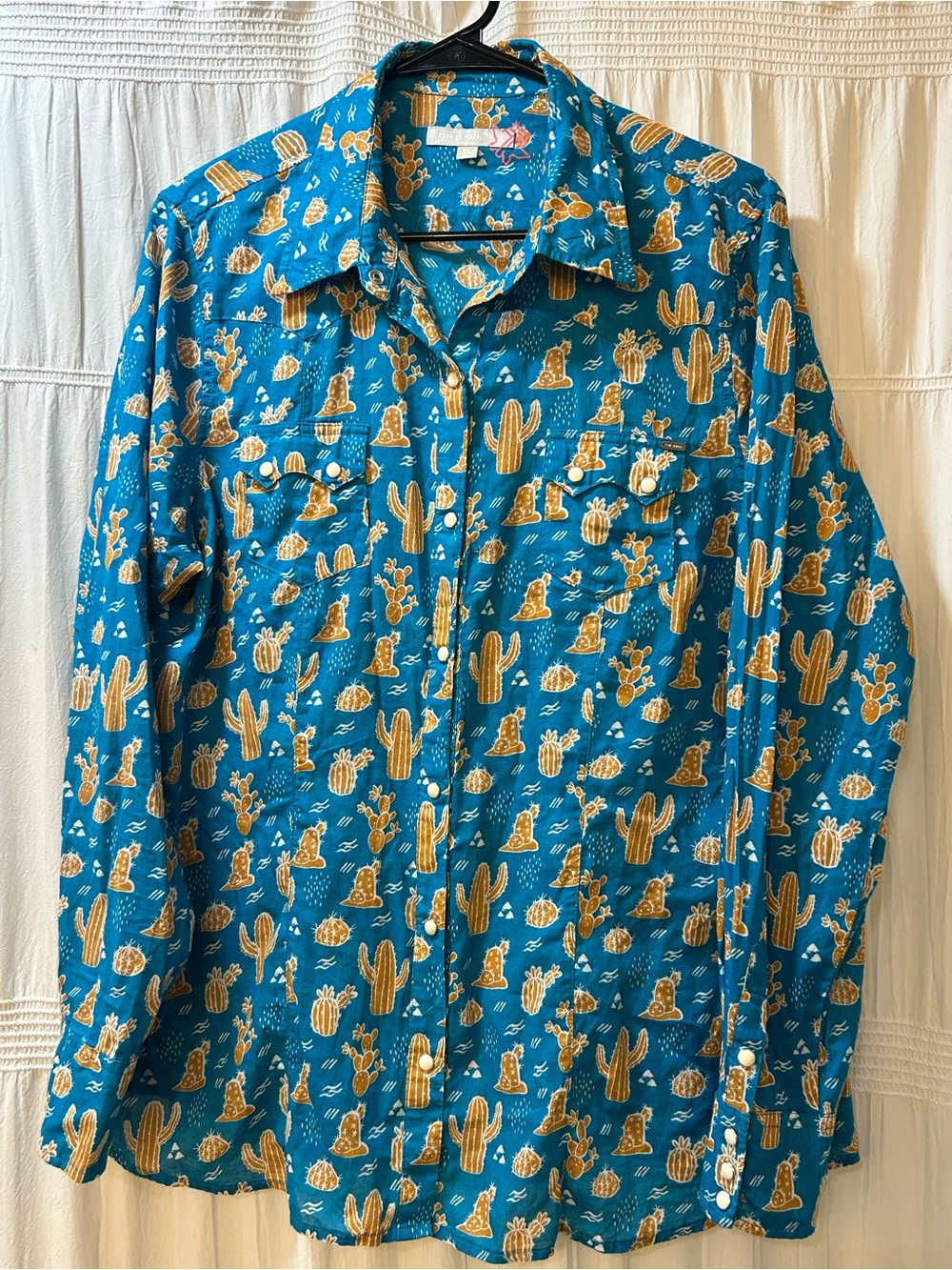 Tin Haul Teal Button-Down Shirt with Tan Cactus Print